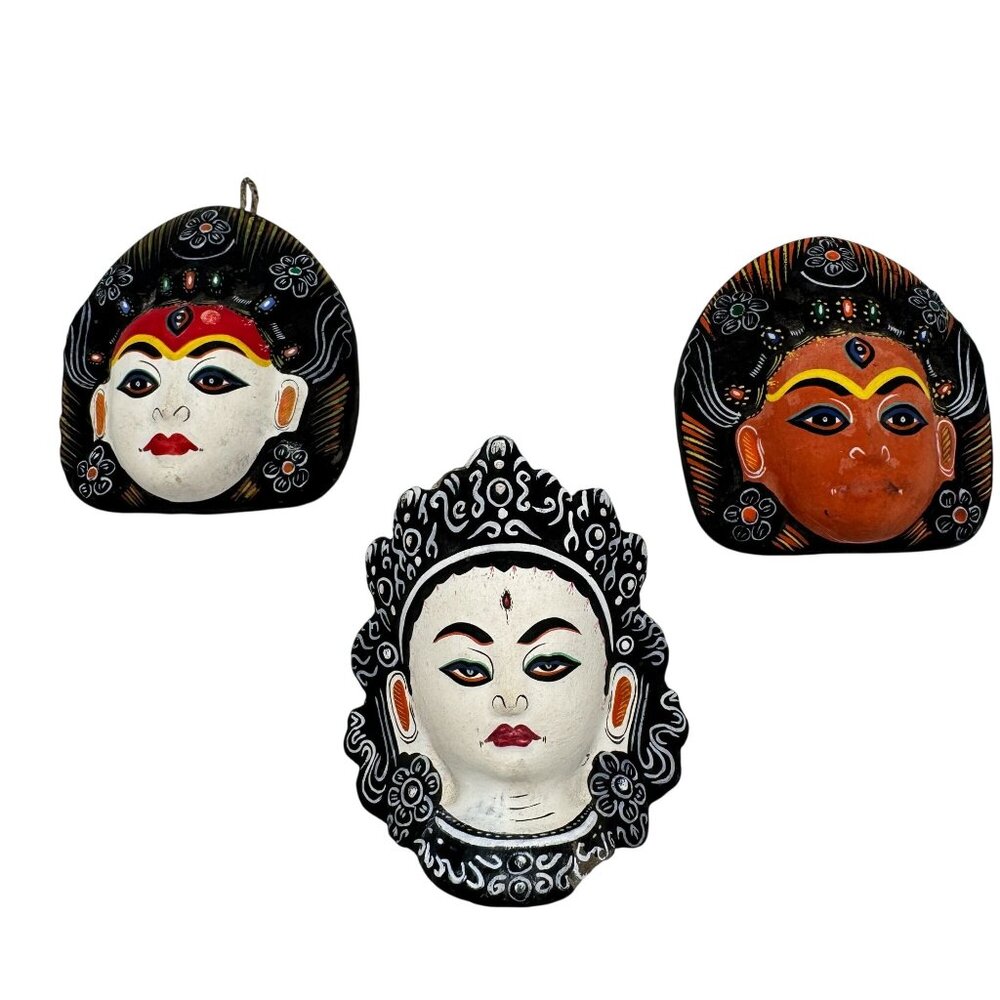 Tibetan Handcrafted Clay Masks Set of 3 Intricate Designs Vibrant Colors